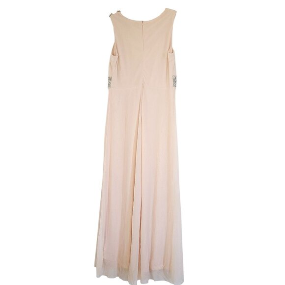 Blush Pink Sleeveless Maxi Dress With Silver Sequin Detailing & Pleated Design - Picture 2 of 13